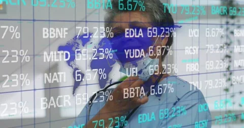 Physician reacting to data shifts by adjusting mask stethoscope while smiling at Stock Footage 317227420