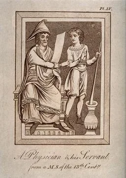 A physician reading a recipe instructs his assistant who is mixing with a p.. Stock Illustration