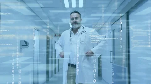 Physician shifting posture while camera activating binary lines showing patient Stock Footage 334322170