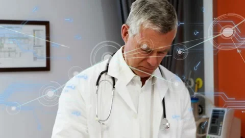 Physician tapping tablet and measuring child height in clinic, HUD graphics Stock Footage 329812471