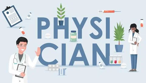 Physician word vector flat banner concept. Doctor and nurse in medical robes Stock Illustration