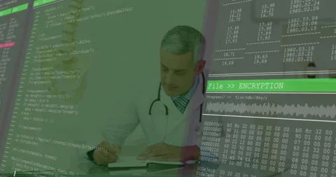 Physician writing notes in medical office, showing health tech code overlay and Stock Footage 307467992