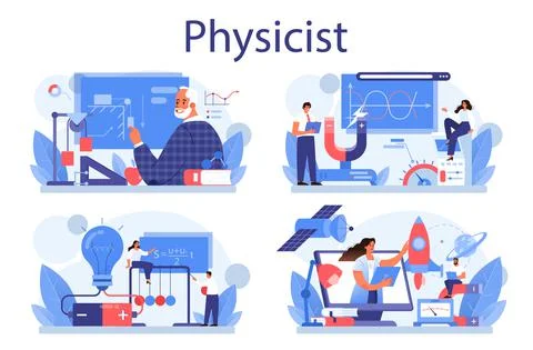 Physicist concept set. Scientist explore electricity, magnetism, light wave Stock Illustration