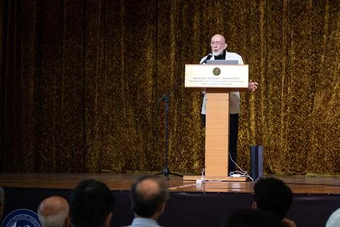 Physicist Kip Thorne delivering a lecture on a stage during the STARMUSVI festiv Stock Photos