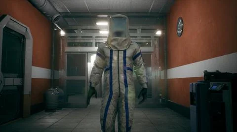 The physicist leaves the elevator and walks down the corridor into the room with Stock Illustration