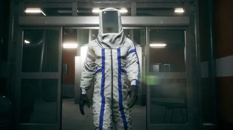 The physicist leaves the elevator and walks down the corridor into the room with Stock Illustration