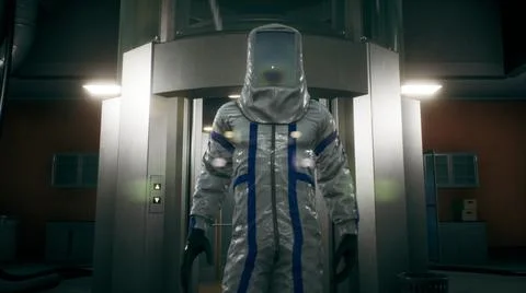 The physicist leaves the elevator and walks down the corridor into the room with Stock Illustration