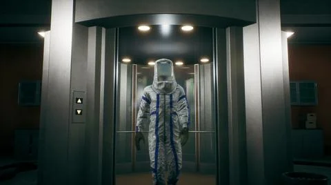 The physicist leaves the elevator and walks down the corridor into the room with Stock Illustration