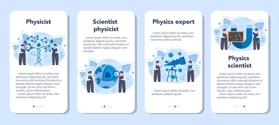 Physicist mobile application banner set. Scientist explore electricity, Stock Illustration