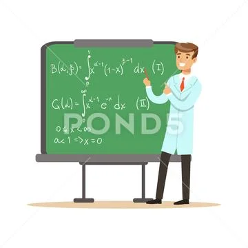 Physicist stands next to blackboard with mathematical formulas Stock Illustration