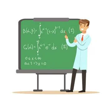 Physicist stands next to blackboard with mathematical formulas Stock Illustration