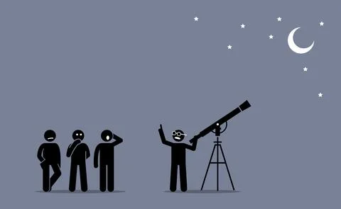 A physicist with a telescope telling and explaining to people about his disco Stock Illustration