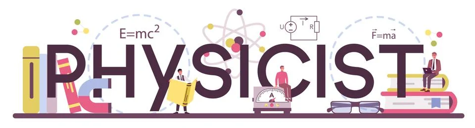 Physicist typographic header. Scientist explore electricity, magnetism Stock Illustration