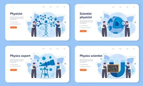 Physicist web banner or landing page set. Scientist explore electricity, Stock Illustration