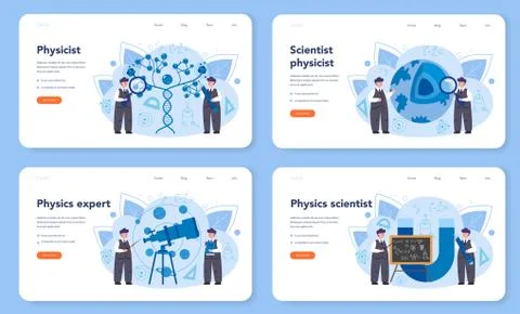 Physicist web banner or landing page set. Scientist explore electricity, Stock Illustration