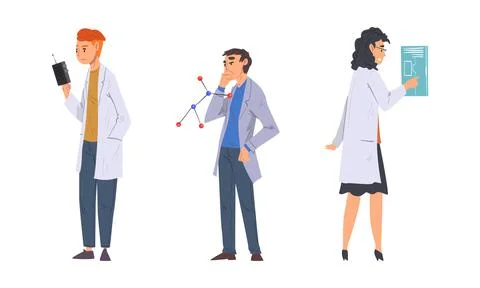 Physicists in white lab coats doing scientific experiment with laboratory Stock Illustration