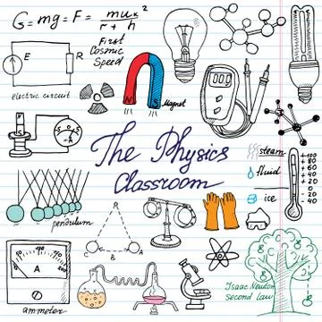 Physics and science elements doodles icons set. Hand drawn sketch with micros Stock Illustration