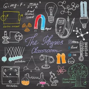 Physics and science elements doodles icons set. Hand drawn sketch with micros Stock Illustration