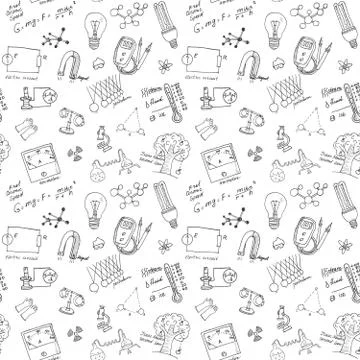 Physics and sciense seamless pattern with sketch elements Hand Drawn Doodles  Stock Illustration