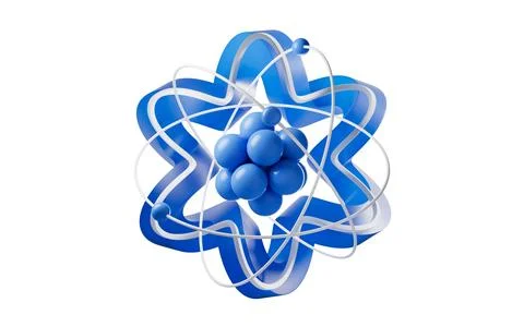 Physics atom with blue curve frame background, 3d rendering. Stock Illustration