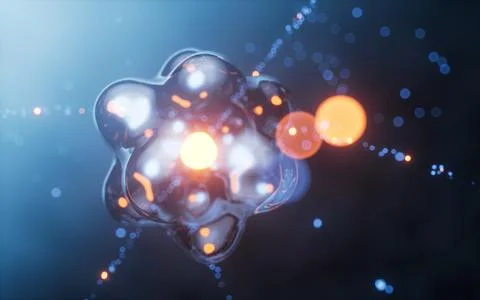 Physics atom with dark blue background, 3d rendering. Stock Photos