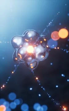Physics atom with dark blue background, 3d rendering. Stock Photos