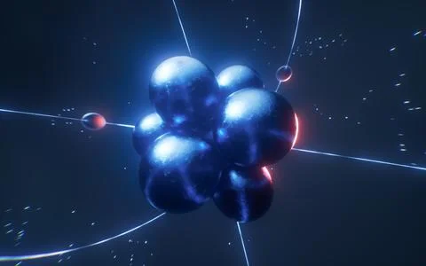 Physics atom with dark blue background, 3d rendering. Stock Photos
