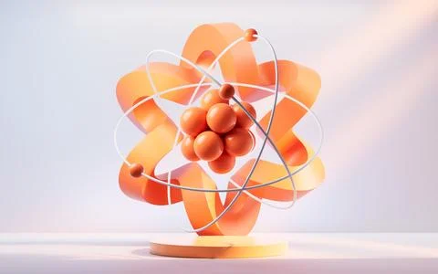 Physics atom with orange curve frame background, 3d rendering. Stock Illustration