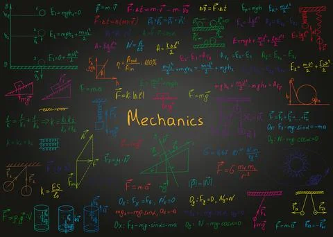 Physics colorful formulas drawn by hand on a black chalkboard for the backg.. Stock Illustration