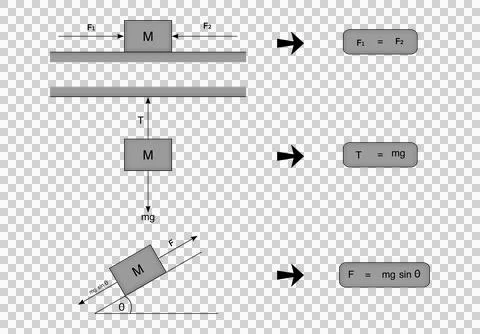 Physics diagram showing equilibrium of forces in three situations Stock Illustration