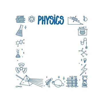 Physics doodle with light prism, books, atom. Square frame with space for text Stock Illustration