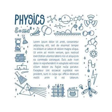 Physics doodle with light prism, books, atom and experiments. Frame with hand Stock Illustration