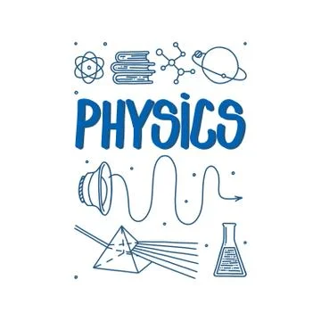 Physics doodle with light prism, sound waves and atom. Hand drawn science items Stock Illustration