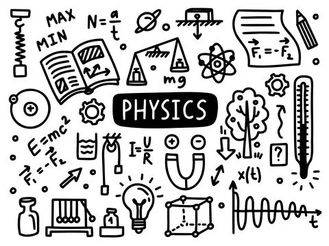 Physics doodle line set school university. Outline subject Stock Illustration