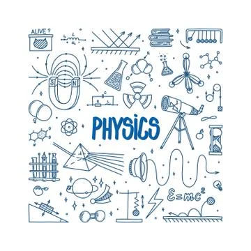 Physics doodle with magnet, prism, telescope and atom. Hand drawn science items Stock Illustration