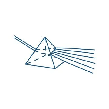 Physics doodle prism. Triangle prism with light waves isolated in white Stock Illustration