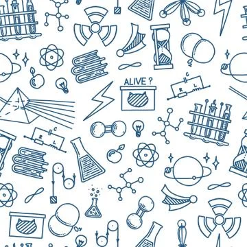 Physics doodle in seamless pattern with light prism, atom and mechanics Stock Illustration
