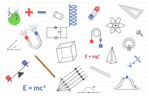 Physics education science with various objects and paper line background - ve Stock Illustration