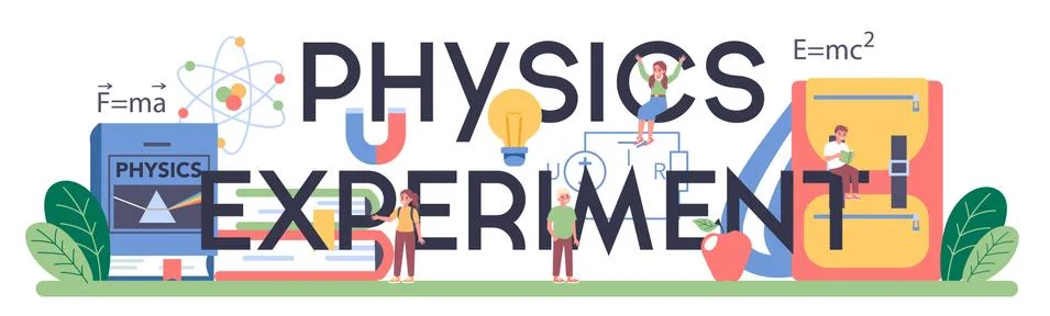 Physics experiment typographic header. Scientist explore electricity Illustrazione stock