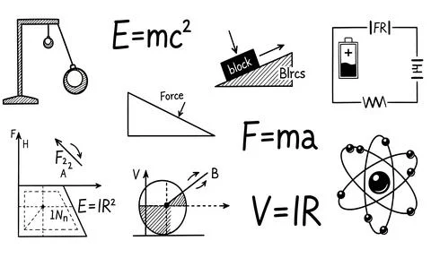Physics formulas and scientific concepts hand drawn sketch illustration Stock Illustration