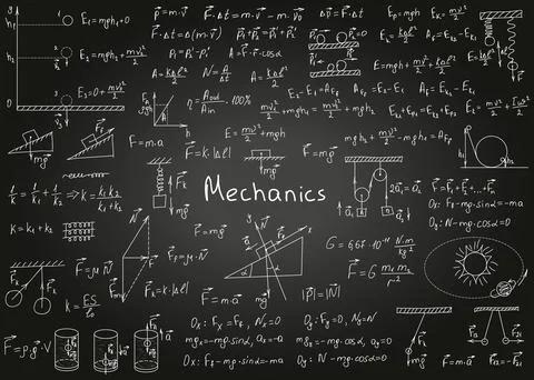 Physics formulas drawn by hand on a black chalkboard for the background. Vector Illustrazione stock