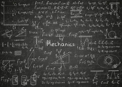 Physics formulas drawn by hand on a black unclean chalkboard for the backgrou Illustrazione stock