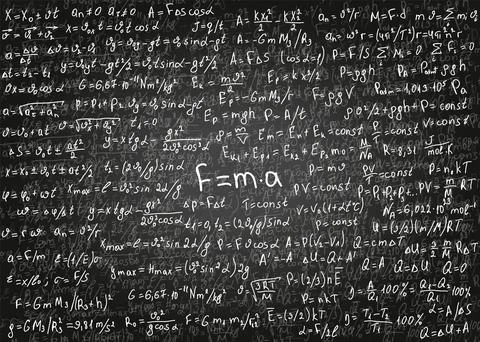 Physics formulas drawn by hand on the black chalkboard for the background. .. Illustrazione stock