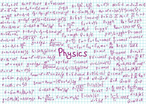 Physics formulas drawn by hand on the black chalkboard for the background. .. Illustrazione stock