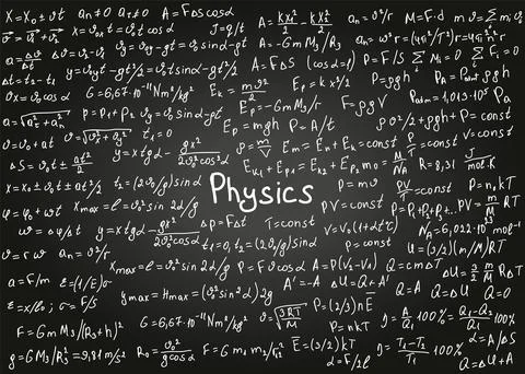 Physics formulas drawn by hand on the black chalkboard for the background. .. Stock Illustration