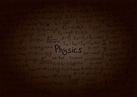 Physics formulas drawn by hand on the black chalkboard for the background. .. Illustrazione stock