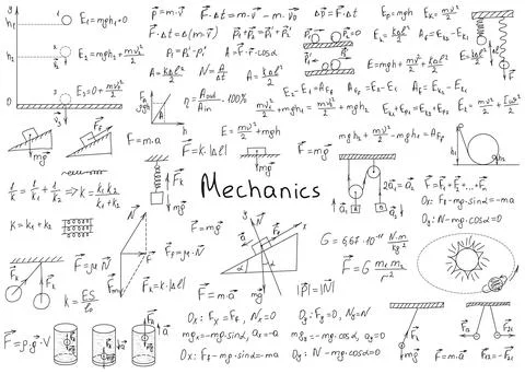 Physics formulas drawn by hand on a white chalkboard for the background. Vector Illustrazione stock
