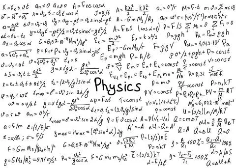 Physics formulas drawn by hand on a white chalkboard for the background. Ve.. Stock Illustration