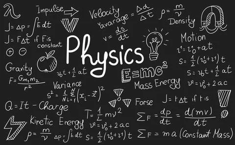 Physics formulas, science and education background. Chalkboard inscribed with Illustrazione stock