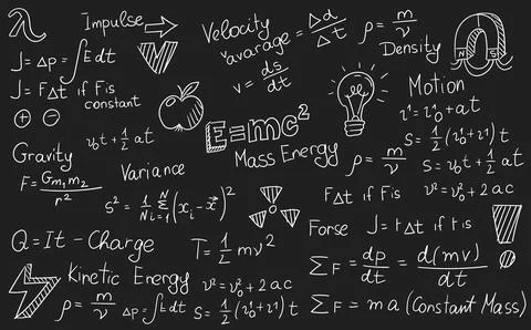 Physics formulas, science and education background. Chalkboard inscribed with Illustrazione stock